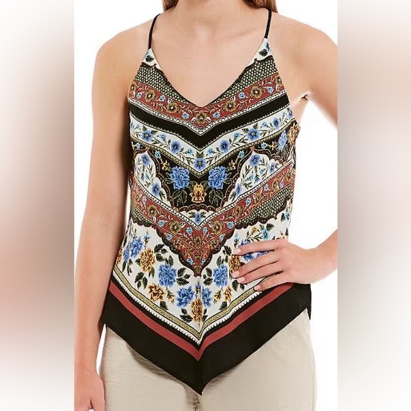 I.N San Francisco V Neck Printed Pointed Hem Scarf Top Camisole Tank M - Picture 3 of 8